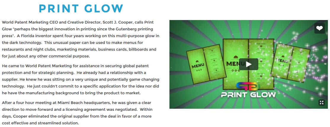 Testimonial blurb for 'Print Glow' on World Patent Marketing website.